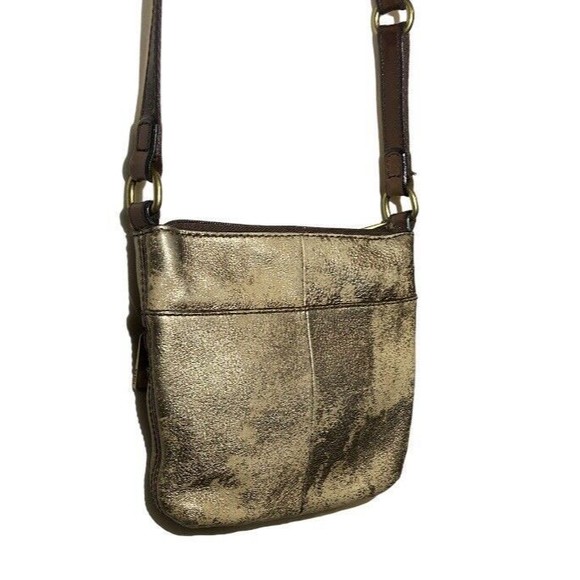 Fossil Explorer Mini Crossbody Purse Shoulder Bag Gold Metallic Leather 8x8 - Picture 7 of 9